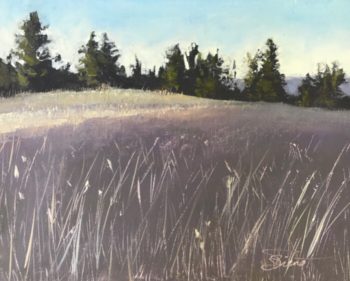 Oil painting of the first light of dawn coming over the mountain to kiss the grassy hill at Green Bear Ranch, Eureka, MT