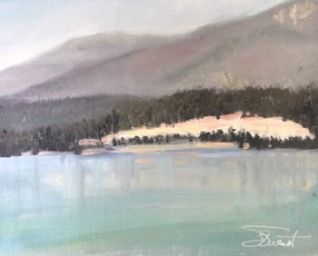 Oil painting of the road cut across Dickey Lake, MT, on a day hazy from the smoke of forest fires in BC, Canada.