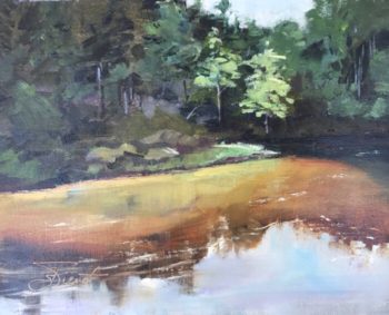 Oil painting of a bend in the creek, showing the transparent tannin-stained water over the sand bar, at Turkey Creek in Niceville, FL