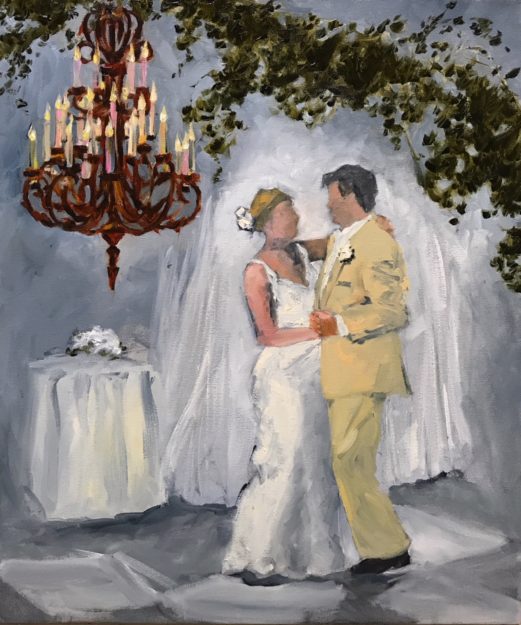 Plein air painting of first dance at wedding, unfinished