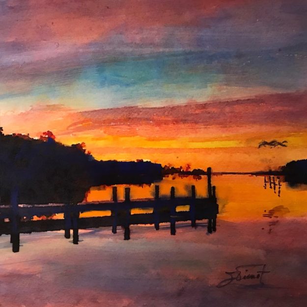 Watercolor and ink sketch of Tucker Bayou, Point Washington, FL, at sunset