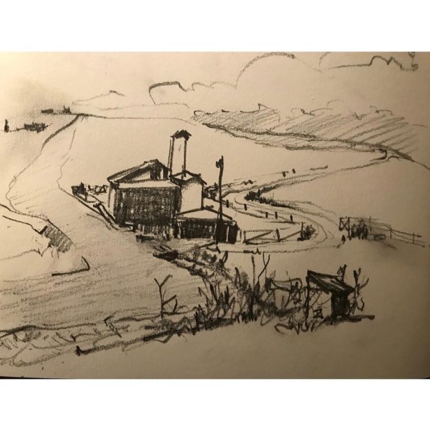 Graphite sketch of farmhouse scene