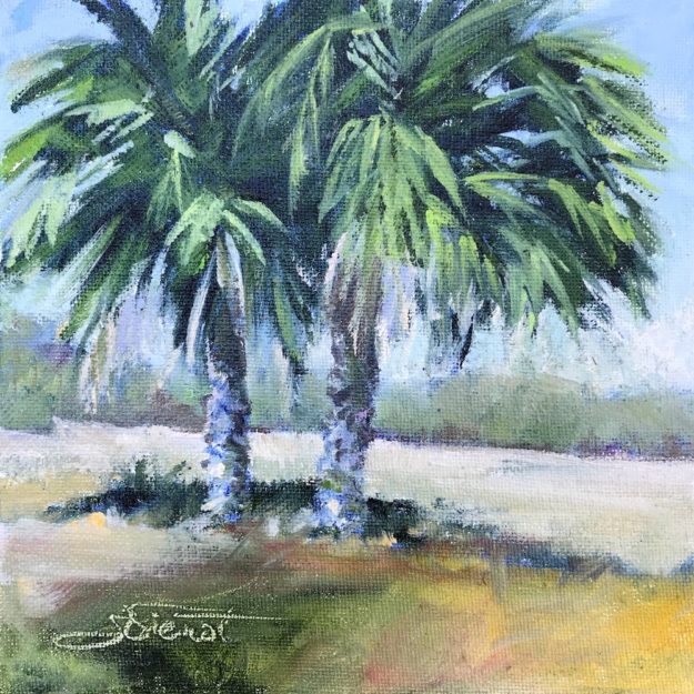 Oil painting of two palms in a meadow, the first of a Five-Day challenge, to paint a painting every day for five days