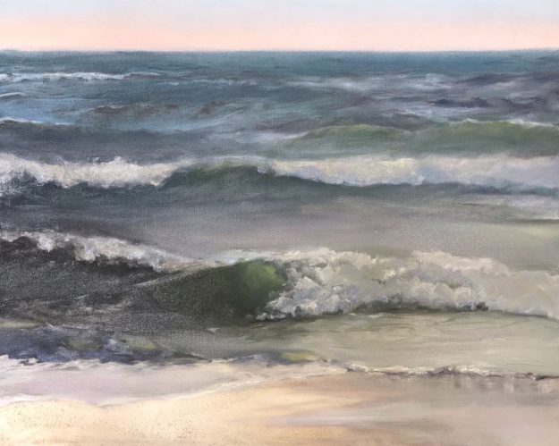 Oil painting in progress, waves coming in from the Gulf of Mexico