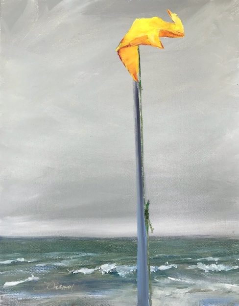 Oil painting o yellow beach flag on pole with stormy gray sky and waves in background, on St. George Island, FL