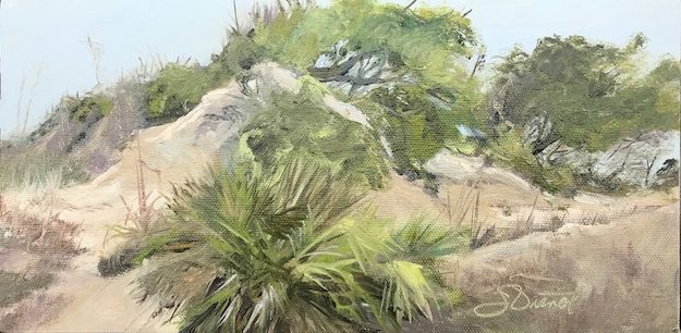Oil painting of the scooped dune where the wind is carving it to drift over the adjacent boardwalk on St. George Island, FL