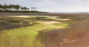Oil painting of the lime-green foliage and purple grasses of the marsh at Nick's Hole on St. George Island, FL