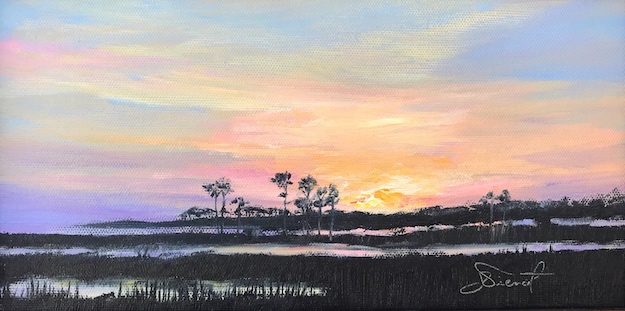 Oil painting of the sunrise at the south end of the bridge to St. George Island, Florida