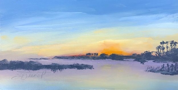 Oil painting of the sunrise at the south end of the bridge to St. George Island, painted en plein air