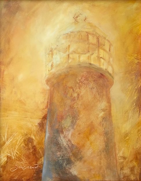 Oil painting in shades of yellow, of the lighthouse on St. george Island with blinding sunlight behind it