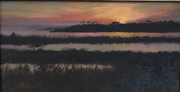 Oil painting of the sunrise at the south end of the bridge to St. George Island, Florida