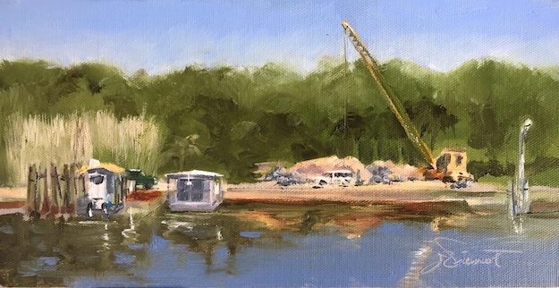Oil painting of site of oyster shell bagging by the Conservation Corps of the Forgotten Coast, for maintaining and restoring eroding coastline