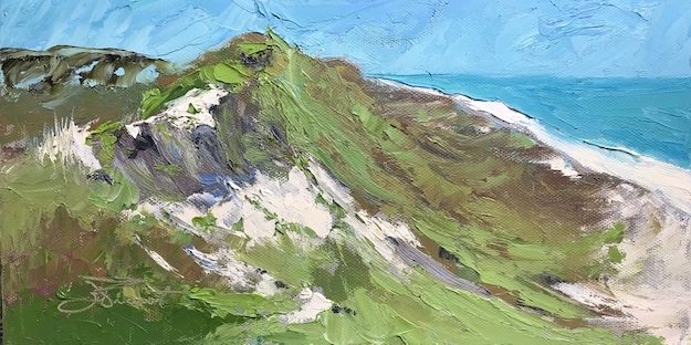 Oil painting of the shape of the primary dune on Cape San Blas, Port St. Joe, FL, painted with palette knife