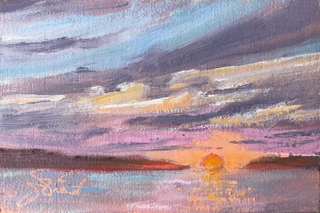 Oil painting of the artist's impression of the colorful sunrise at the tip of Indian Pass, Port St. Joe, FL