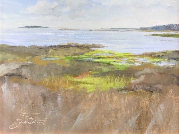Oil painting of the marsh from the deck of Scallop Republic on the way to Cape San Blas, Port St. Joe, FL
