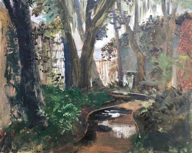 Oil painting of the patio behind the Bay Restaurant in Santa Rosa Beach, FL, after a torrential downpour