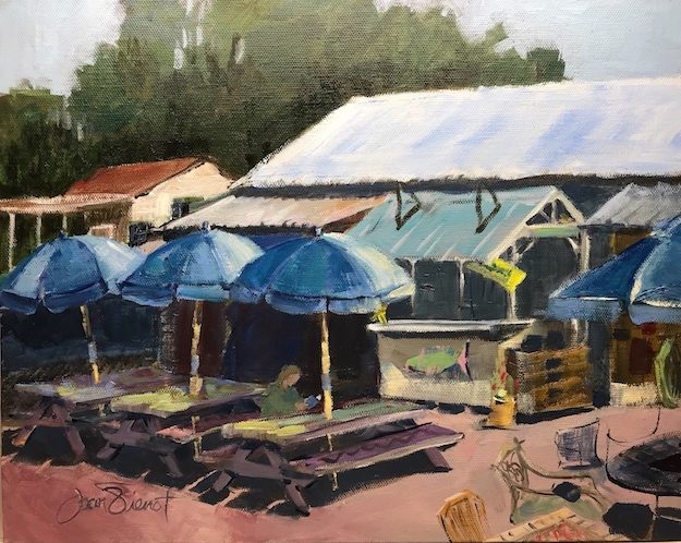 Oil painting of the tables area at Elmore's Landing, with girl reading a book