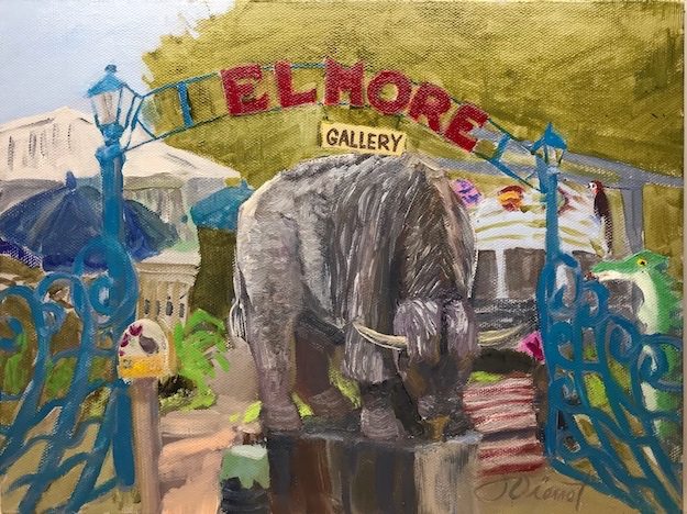 Oil painting of Joe Elmore's Bison sculpture, in a plein air composite including multiple facets of Elmore's Landing