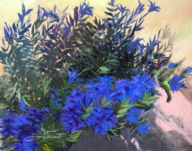 Oil painting of a hummingbird feeding on gentian in Mrs. Walsh's Garden, a city park in Estes Park, Colorado