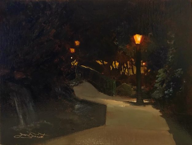 Nocturne oil painting of the south entrance to Riverwalk Park / Riverside Plaza in Estes Park, Colorado
