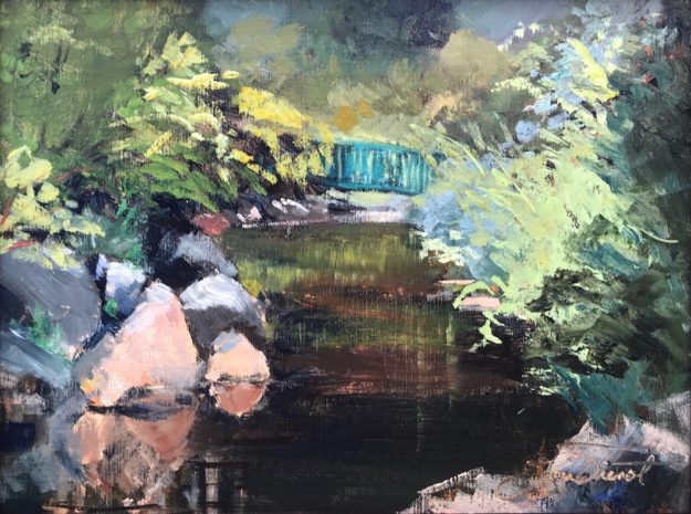 Oil Painting of the bridge over the creek at Riverwalk Park in Estes Park, Colorado