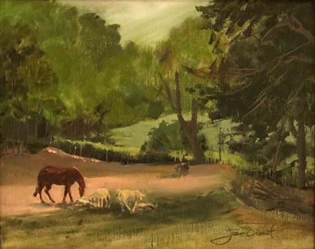 Oil painting of two horses and two goats on Chris Tilghman's farm in Blue Ridge, Georgia
