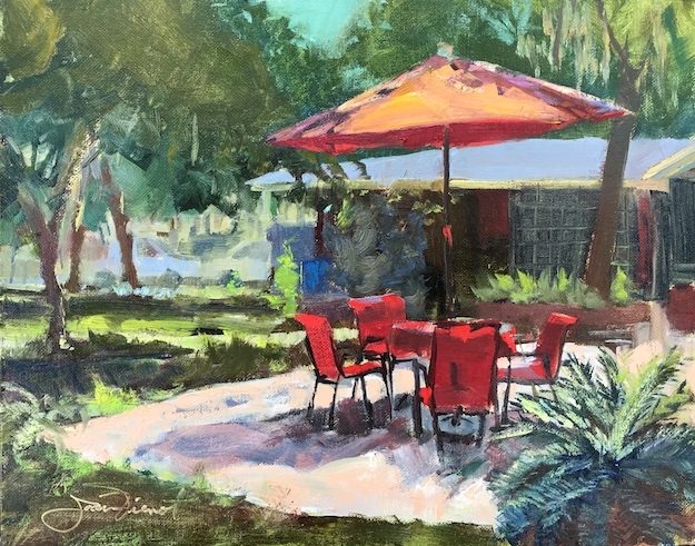 Oil painting of backyard scene with red chairs and red umbrella