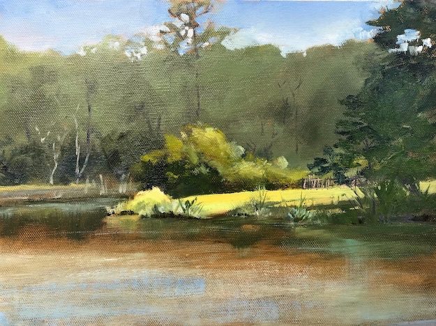 Oil painting of the bright light on the neighbor's lawn across Mallet Bayou, painted from Brenda's dock