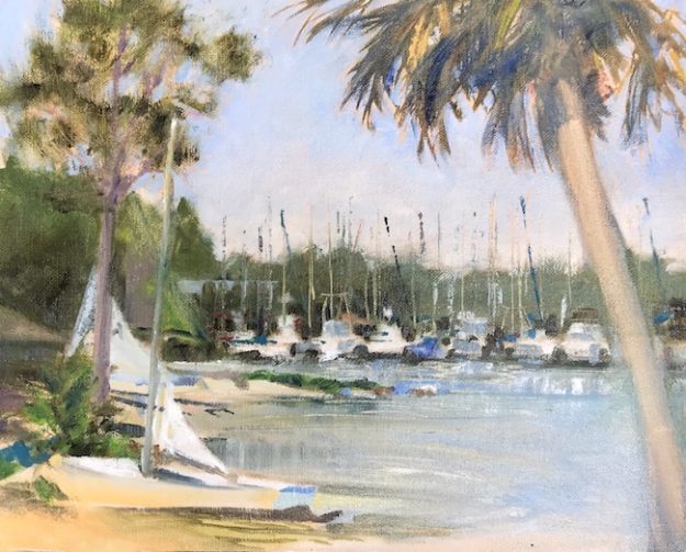Oil painting of the shoreline and harbor at Ft. Walton Yacht Club, with small sailboats beached and fishing boats docked