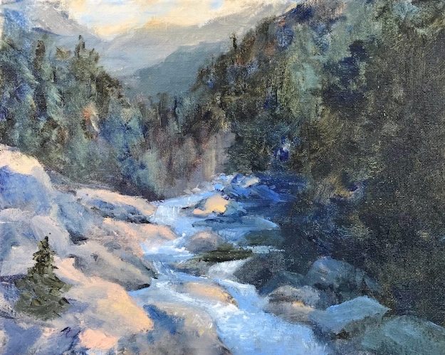 Oil painting of a rocky stream in the mountains, under waning light