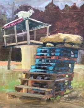 Oil painting of a goat on top of the climbing stack of pallets and shed at Sweet Creek Farm Market