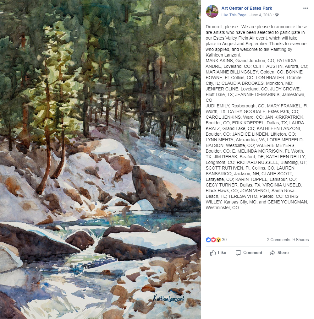 Drumroll, please...We are please to announce these are artists who have been selected to participate in our Estes Valley Plein Air event, which will take place in August and September. Thanks to eveyone who applied, and welcome to all! Painting by Kathleen Lanzoni.